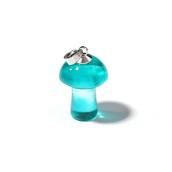 Lampwork Pendants, Mushroom Charms, Platinum, Dark Turquoise, 25x15mm