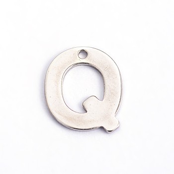 304 Stainless Steel Letter Charms, Letter.Q, 11x9.5x0.8mm, Hole: 1mm