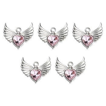 Rack Plating Alloy Glass Pendants, Cadmium Free & Lead Free & Nickle Free, Platinum, Faceted Heart Charm with Wing, Pink, 20x22x4mm, Hole: 1.8mm