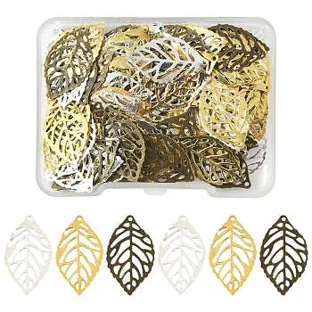 100Pcs 3 Colors Iron Filigree Joiners Pendants, Etched Metal Embellishments, Leaf, Mixed Color, 23.5x13.5~14x0.2~0.4mm, Hole: 1mm