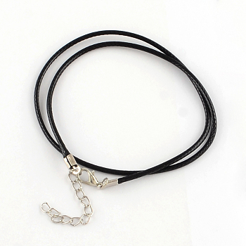 Waxed Cotton Cord Necklace Making, with Alloy Lobster Claw Clasps and Iron End Chains, Platinum, Black, 17.4 inch(44cm)