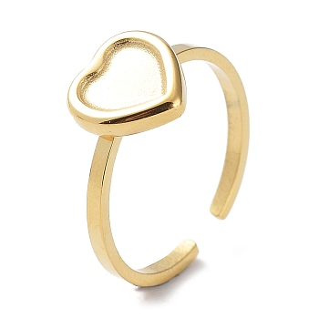 304 Stainless Steel Open Cuff Ring Components, Bezel Cup Ring Settings, Heart, Real 14K Gold Plated, Inner Diameter: 16.8mm, Tray: 7x6.5mm