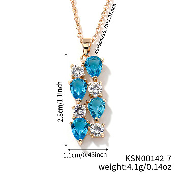 Brass Cubic Zirconia Long Tassel Pendant Necklaces for Fashionable Statement Style, Golden, Deep Sky Blue, 15.75 inch(40cm)