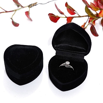 Valentine's Day Velvet Ring Storage Boxes, Heart Shaped Single Ring Gift Case, Black, 4.8x4.8x3.5cm