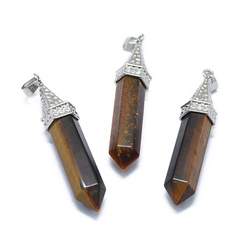 Natural Tiger Eye Pointed Pendants, with Alloy Findings, Bullet, Platinum, 61x14.5x12.5mm, Hole: 3.5x
7.5mm