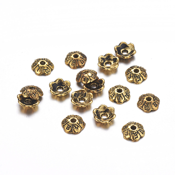6-Petal Tibetan Style Alloy Flower Bead Caps, Cadmium Free & Lead Free, Antique Golden, 6x2mm, Hole: 1mm
