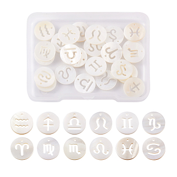 24Pcs 12 Style Natural Freshwater Shell Charms, Flat Round with Twelve Constellations, 12 Constellations, 12x1.5mm, Hole: 0.9mm, 2pcs/style