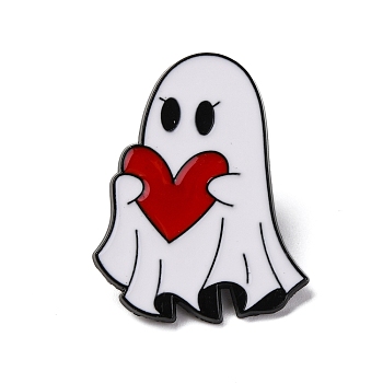 Halloween Ghost Holds Heart Zinc Alloy Enamel Pin Brooches, FireBrick, 30x23.5mm