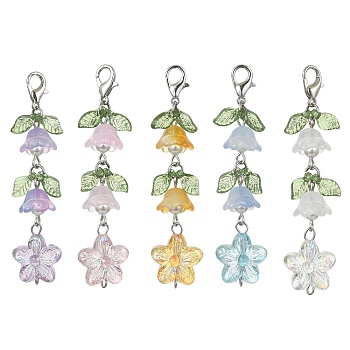 Transparent Acrylic & Glass Flower Pendant Decoration, with Zinc Alloy Lobster Claw Clasps, Mixed Color, 64mm