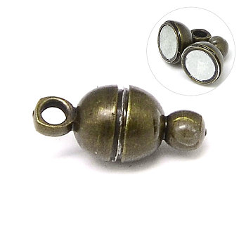 Round Brass Magnetic Clasps with Loops, N35 Grade Strong Magnet, Oval, Nickel Free, Antique Bronze, 11x5mm, Hole: 1mm