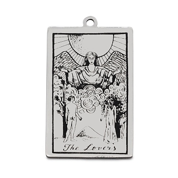 201 Stainless Steel Pendants, Laser Engraved Pattern, Tarot Card Pendants, The Lovers VI, 40x24x1mm, Hole: 2mm