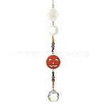 Pumpkin Synthetic Turquoise & Brass Sun Moon Suncatcher, Glass Round Pendant Prism Crystal Window Hanging Ornament for Home Garden Decor, Dark Orange, 240mm(GL-HJEW-JM05005)