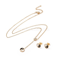 Feng Shui 304 Stainless Steel Jewelry Sets, Necklaces and Stud Earrings, with Rhinestone and Enamel, Yin Yang, Golden, 16.93 inch(43cm), 10x2mm, Pin: 0.8mm(SJEW-H144-08G)