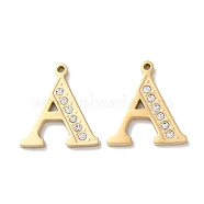 Real 14K Gold Plated 304 Stainless Steel Pendants, with Rhinestone, Letter A, 18.5x16.5x2mm, Hole: 1.2mm(STAS-L022-157G-A)