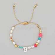 Initial Letter Natural Pearl Braided Bead Bracelet, Adjustable Bracelet, Letter D, 11 inch(28cm)(LO8834-04)