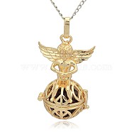 Golden Tone Brass Hollow Round Cage Pendants, with No Hole Spray Painted Brass Round Ball Beads, Round with Angel, DarkSlate Blue, 43x28x20mm, Hole: 3x8mm(KK-J238-09G)
