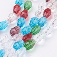Glass Beads Strands, Faceted, Drop, Colorful, 12x8mm, Hole: 1mm, about 56~58pcs/strand, 25~27 inch(EGLA-E010-8x12mm-03)