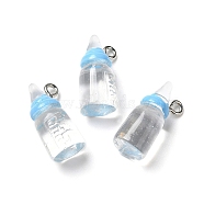 Transparent Resin Pendants, Milk Bottle Charms, with Platinum Tone Zinc Alloy Loops, Sky Blue, 20x9mm, Hole: 2mm(RESI-R440-03E)