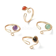 4Pcs 4 Style Alloy Wire Wrap Open Cuff Rings Set, Natural Mixed Gemstone Round Beads Rings, Golden, US Size 9 3/4(19.5mm), 1Pc/style(RJEW-TA00096)
