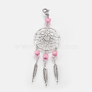 Tibetan Style Alloy Big Pendants, with Wood Beads and Lobster Claw Clasp, Woven Net/Web with Feather, Pearl Pink, 90mm(HJEW-JM00181-06)