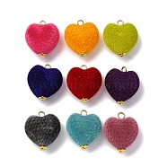 Flocky Acrylic Pendants, with Iron Pins, Heart Charms, Mixed Colors, Golden, 28.5x24x13mm, Hole: 2.6mm(PALLOY-JF03512-01)