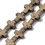 Electroplated Natural Lava Rock Beads Strands, Cross, Antique Golden Plated, 10x8x4~4.5mm, Hole: 0.8~1mm, about 38pcs/strand, 31.10''(79cm)(G-A256-A01-01A)