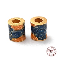 Matte Gold Color 925 Sterling Silver Beads, with Enamel, Column with Cloud, with S925 Stamp, Marine Blue, 4x3.5mm, Hole: 1.6mm(STER-M113-06MG)