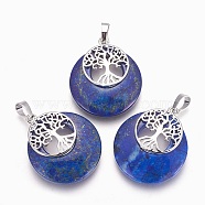 Natural Lapis Lazuli Pendants, with Platinum Tone Brass Findings, Flat Round with Tree of Life, 32.5~33x27.5~28x5~6mm, Hole: 5x7mm(X-G-F573-C11)