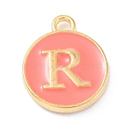 Golden Plated Alloy Enamel Charms, Enamelled Sequins, Flat Round with Alphabet, Letter.R, Hot Pink, 14x12x2mm, Hole: 1.5mm(X-ENAM-Q437-11R)