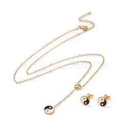 Feng Shui 304 Stainless Steel Jewelry Sets, Necklaces and Stud Earrings, with Rhinestone and Enamel, Yin Yang, Golden, 16.93 inch(43cm), 10x2mm, Pin: 0.8mm(SJEW-H144-08G)