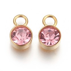 Ion Plating(IP) Glass Rhinestone Charms, October Birthstone Charms, with Real 18K Gold Plated Tone 201 Stainless Steel Findings, Flat Round, Light Rose, 10x6x4mm, Hole: 2.3mm(STAS-F189-B12)