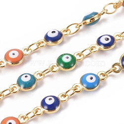 3.28 Feet Handmade Enamel Beaded Chains, with Brass Chains, Soldered, Flat Round with Evil Eye, Golden, Mixed Color, 4.5mm, Link: 9x4.5x3mm and 3.5~4x2.5x0.4mm(X-CHC-E019-03A)