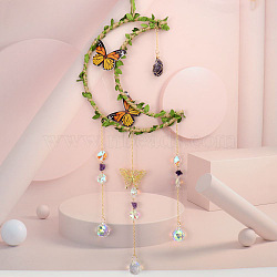 Leaf Butterfly Hemp Rope Wrapped Moon & Natural Amethyst Nuggets Hanging Ornaments, Glass Teardrop Tassel Suncatchers for Home Outdoor Decoration, 500mm(PW-WG47156-07)