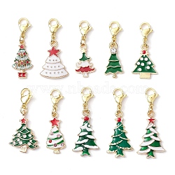 10Pcs Christmas Tree Alloy Enamel Pendant Decorations, 304 Stainless Steel Lobster Claw Clasps Charms for Bag Ornaments, Mixed Color, 33~40.5mm(HJEW-JM02550)