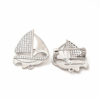 Clear Cubic Zirconia Sailboat Brooch Pin, Brass Badge for Backpack Clothes, Platinum, 24.5x21x7mm, Hole: 1.4mm