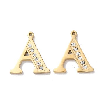 Real 14K Gold Plated 304 Stainless Steel Pendants, with Rhinestone, Letter A, 18.5x16.5x2mm, Hole: 1.2mm