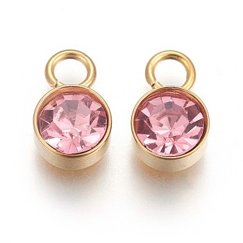 Glass Rhinestone Charms, October Birthstone Charms, with Golden Tone 201 Stainless Steel Findings, Flat Round, Light Rose, 10x6x4mm, Hole: 2.3mm