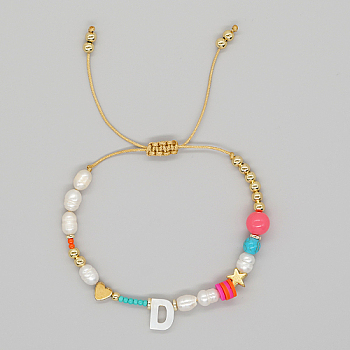 Initial Letter Natural Pearl Braided Bead Bracelet, Adjustable Bracelet, Letter D, 11 inch(28cm)