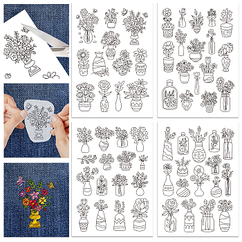 4 Sheets 11.6x8.2 Inch Stick and Stitch Embroidery Patterns, Non-woven Fabrics Water Soluble Embroidery Stabilizers, Vase, 297x210mmm