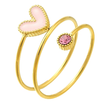 Ion Plating(IP) 304 Stainless Steel Micro Pave Cubic Zirconia Finger Rings for Women, with Enamel Heart Charm, Real 14K Gold Plated, Pink, Inner Diameter: 17.6mm