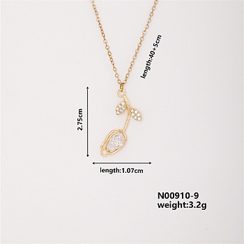 Elegant Vintage Tulip Brass Micro Pave Cubic Zirconia Pendant Necklaces, Cable Chains Necklaces for Women, Clear, 15.75 inch(400mm)