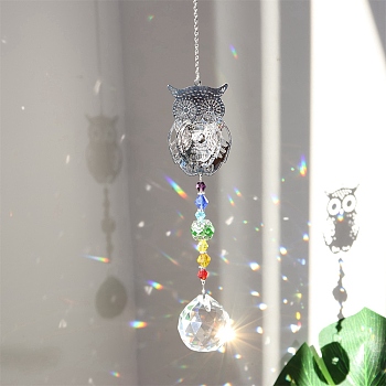Crystal Pendant Decorations, with Metal Findings, for Home, Garden Decor, Owl, 300~400mm