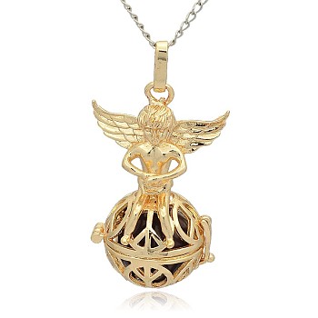 Golden Tone Brass Hollow Round Cage Pendants, with No Hole Spray Painted Brass Round Ball Beads, Round with Angel, DarkSlate Blue, 43x28x20mm, Hole: 3x8mm