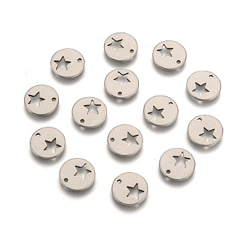 304 Stainless Steel Charms, Flat Round with Star, Stainless Steel Color, 12x1mm, Hole: 1.5mm
