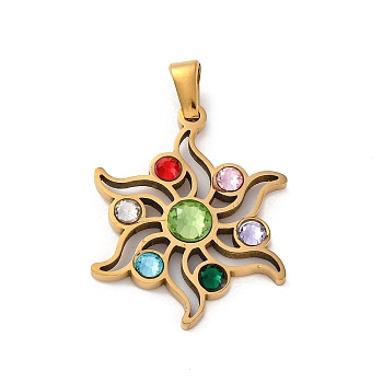 304 Stainless Steel Pendants, with Colorful Rhinestone, Flower Charms, Golden, 26x21x3.5mm, Hole: 4.5x3.5mm