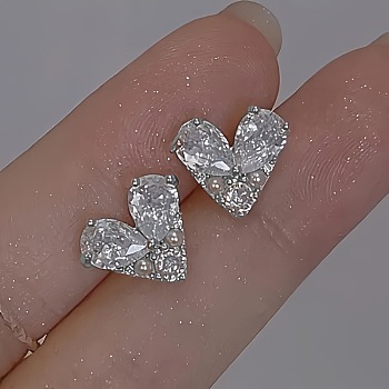 Heart Alloy Clear Cubic Zirconia Stud Earrings, with Plastic Pearl, Silver, 11x10mm