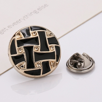 Plastic Brooch, Alloy Pin, with Enamel, for Garment Accessories, Round, Black, 18mm