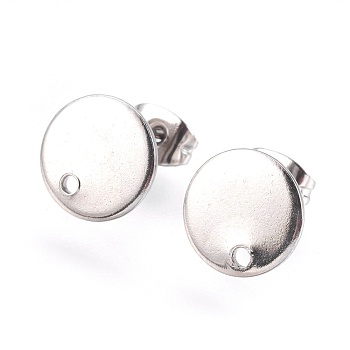 304 Stainless Steel Stud Earring Findings, with Flat Plate, Flat Round, Stainless Steel Color, 10x1mm, 12mm, pin: 0.8mm