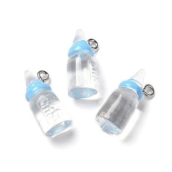 Transparent Resin Pendants, Milk Bottle Charms, with Platinum Tone Zinc Alloy Loops, Sky Blue, 20x9mm, Hole: 2mm