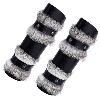 Viking PU Leather Cord Bracelets, with Waxed Cord, Alloy Clasp, Artificial Wool, Cuff Wrist Guard, Black, 8-1/2x9-3/8x1/4 inch(21.6x23.8x0.55cm)